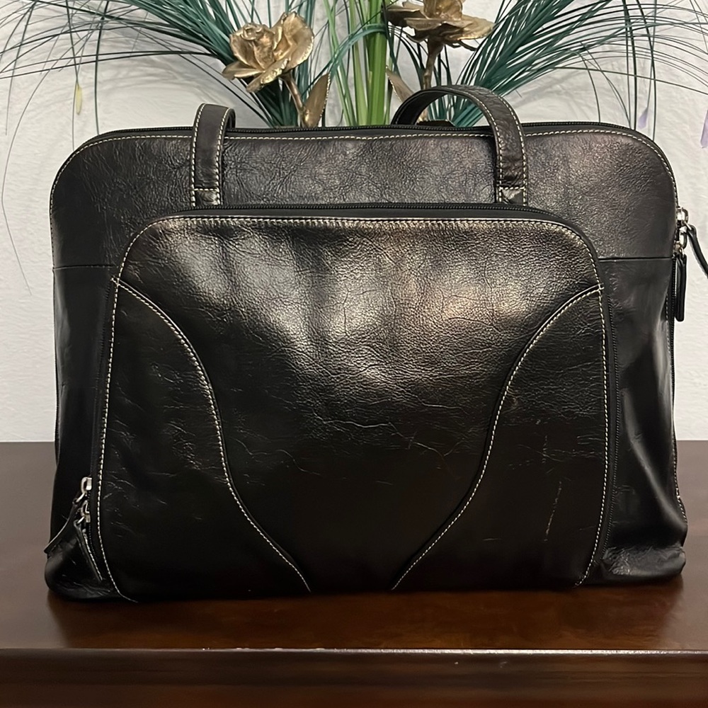 BUXTON Leather Business Euro Travel Black Shoulder/Tote Laptop & Accessory Bag